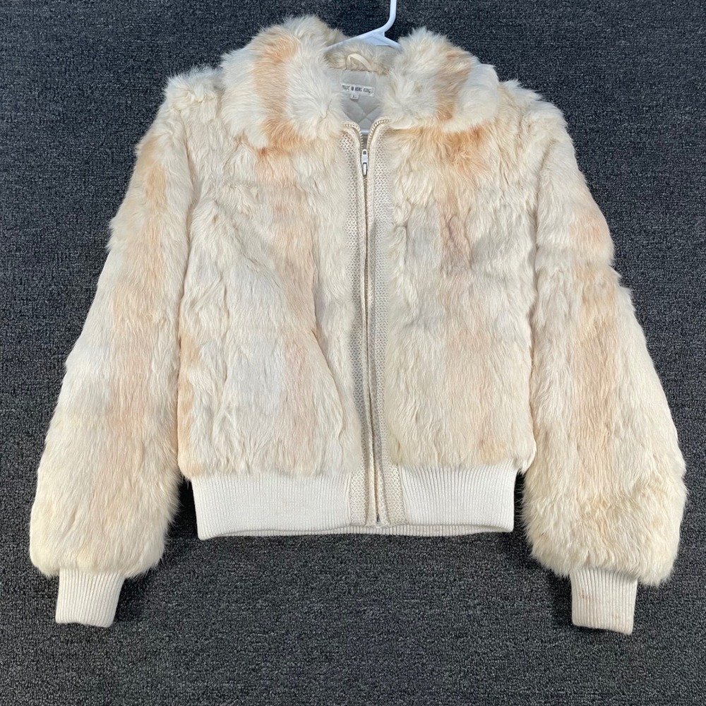 Vintage Rabbit Fur Bomber Jacket Womens L Cream Peach Striped Zip Up Good FLAW